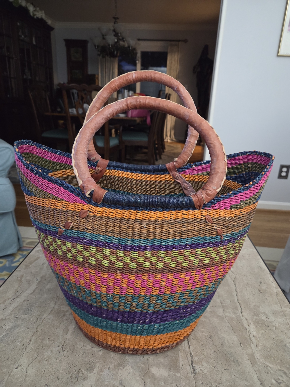 Handwoven Multicolor Straw Tote Bag with Leather Handles - Picture 2 of 4